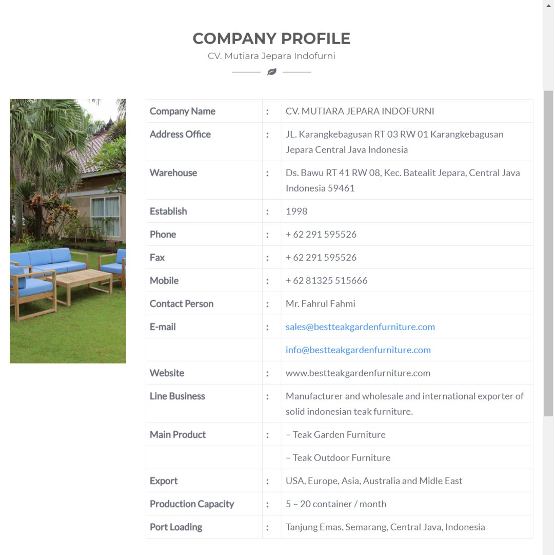 MutiaraTeakID's tweet photo. Company Profile (CV. Mutiara Jepara Indofurni) We are manufacturer and exporter of teak garden furniture in Indonesia. See more at https://t.co/XcDCNN26hW https://t.co/3vUKXKklIl