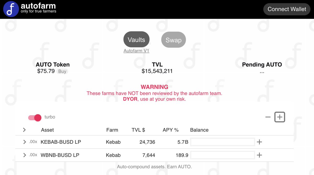 autofarmnetwork's tweet photo. For those who wondering what the turbo function was for:

We have created vaults for @kebabfinance which boast approximately 5.10% daily 🤯 https://t.co/2ZijCmxJ6p