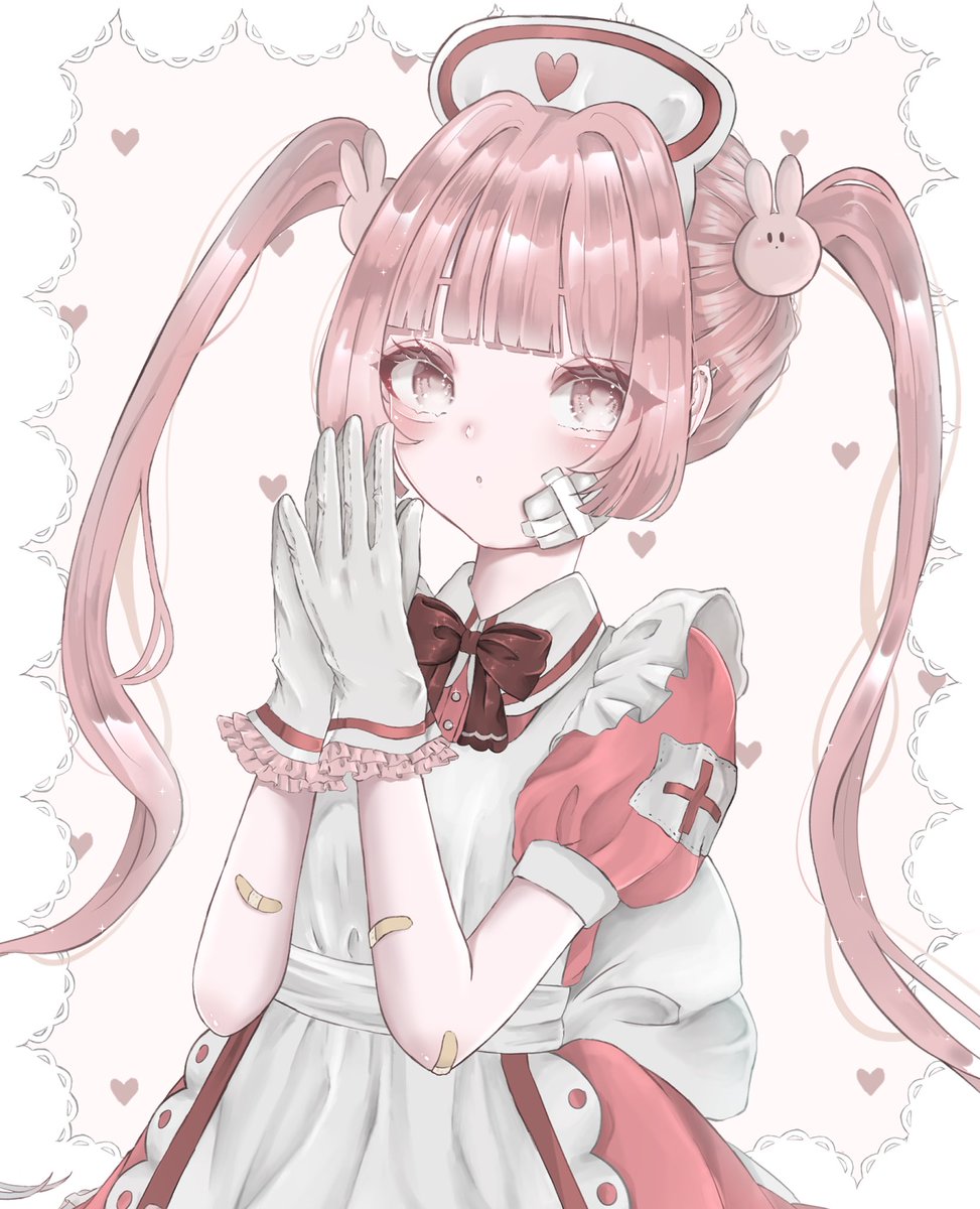 1girl solo gloves pink hair bangs white gloves bow  illustration images