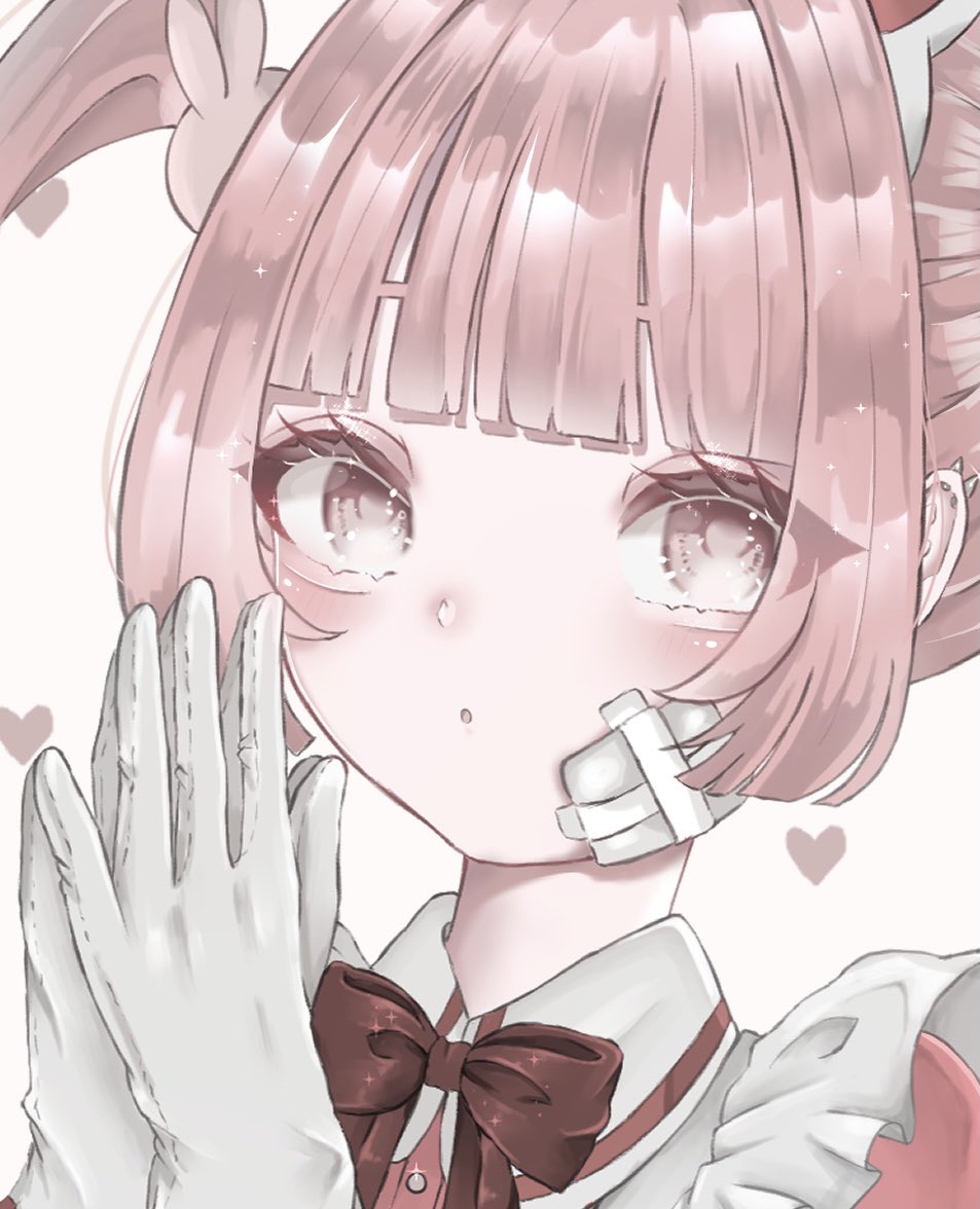 1girl solo gloves pink hair bangs white gloves bow  illustration images