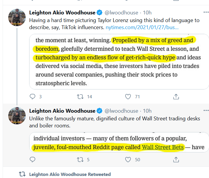 20/ @lwoodhouse points out New York Times tech reporter Taylor Lorenz had nothing but condescension for /wallstreetbets Of Course, Taylor grew up in Greenwich Connecticut (known for being home to many hedge funds) and went to a private Swiss boarding school. Perhaps that's why?