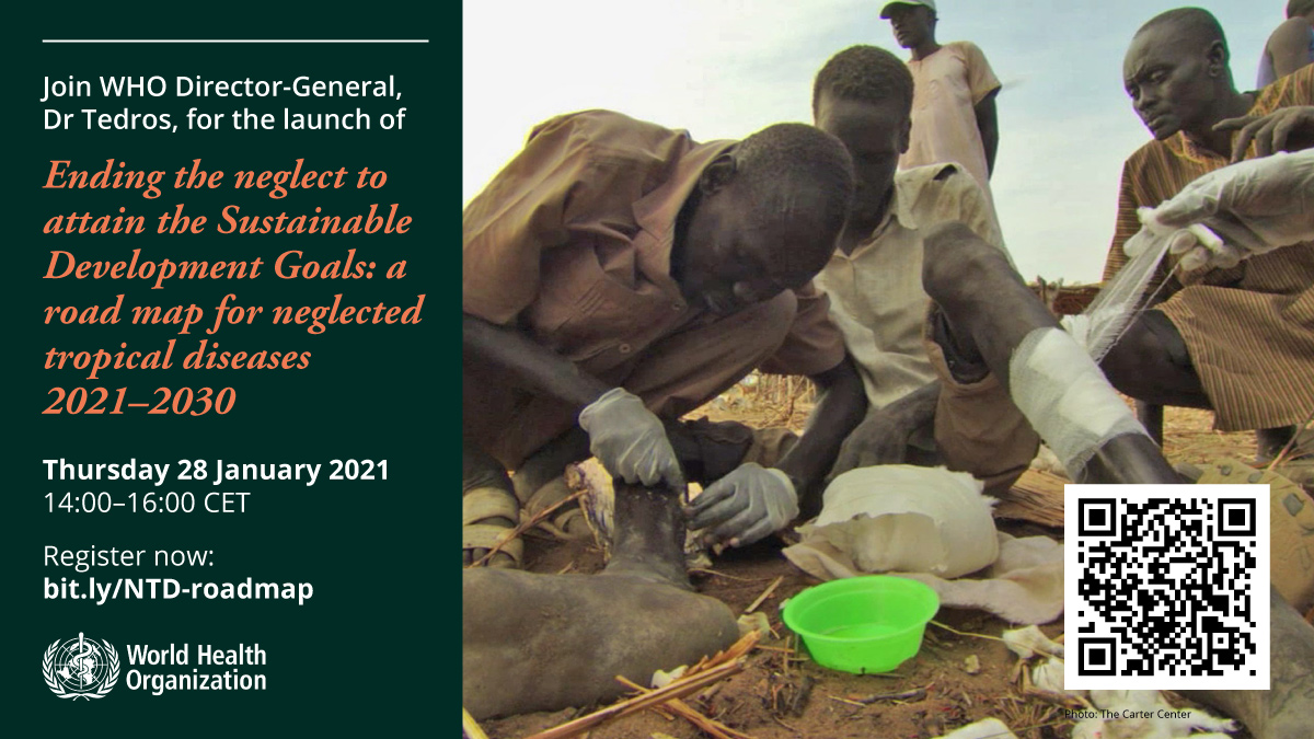 .@WHO roadmap for Neglected Tropical Diseases 2021-2030 is launched today! Join @DrTedros and @mwelentuli at 2pm (CET) to learn more about this important initiative. Register here: bit.ly/3ieAapB #BeatNTDs #NTDRoadMap2030