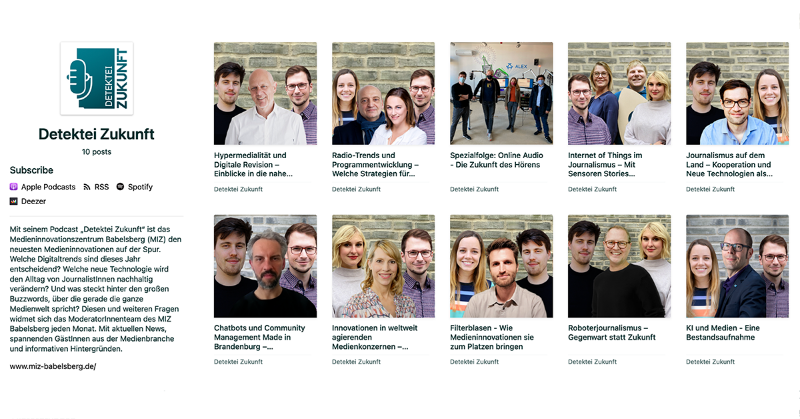MIZBabelsberg's tweet photo. Von #KI-Grundlagen über #Roboterjournalismus, #OnlineAudio und #JournalismOfThings: In mittlerweile 10 Folgen haben wir in unserem #Podcast #DetekteiZukunft mit spannenden Menschen über spannende #Innovationsthemen gesprochen. Alle bisherigen Folgen findet ihr hier ⤵️