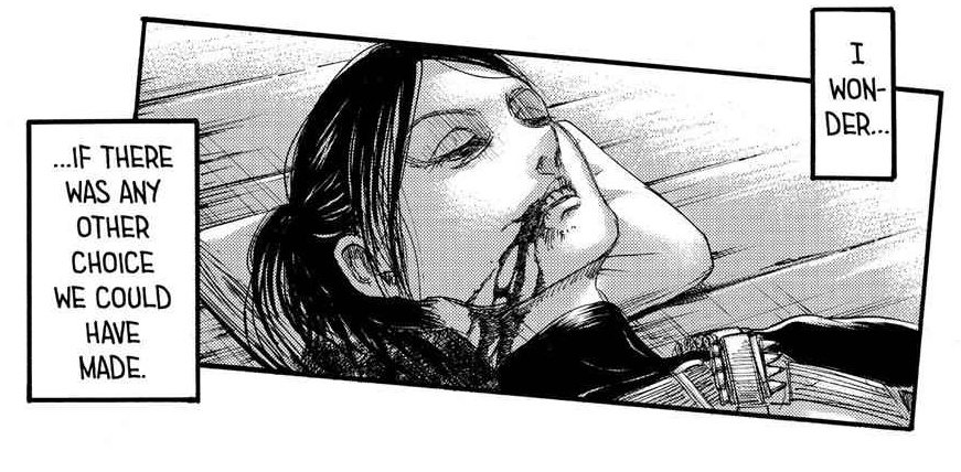 Sasha's death was the major death. She let Gabi live as seeing her as a kid and paid with her life. I believe chapter 105 was truly amazing and well built. —Then in chapter 123, we got Mikasa's POV with flashback panel of Sasha's death.