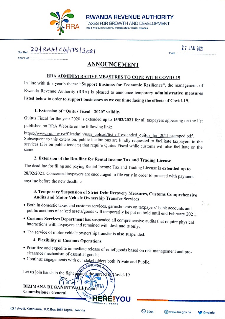 rrainfo's tweet photo. ANNOUNCEMENT: We are pleased to inform all taxpayers and stakeholders of the new measures that have been put in place to support businesses through these uncertain times of the #COVID19 pandemic. More details here👇
#SupportBusinessForEconomicResilience
#HereForYou https://t.co/8KV3454U4i