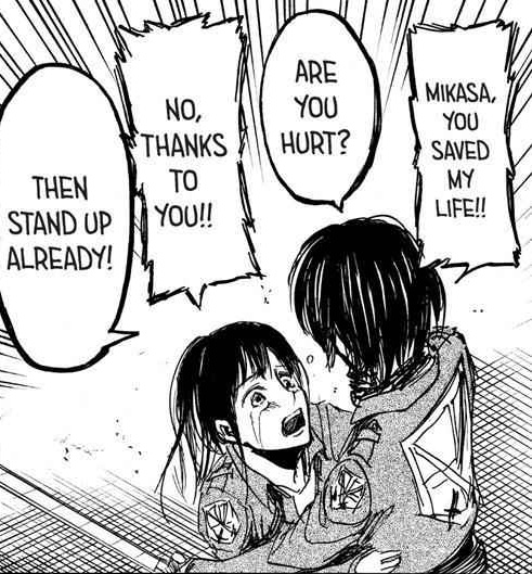This is a scene where sasha thanking mikasa for saving her but mikasa’s first question is if sasha’s hurt or not 
