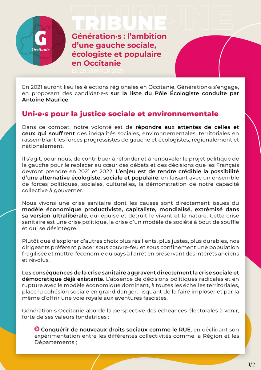 GenerationsOcc's tweet photo. [TRIBUNE] À @GenerationsMvt nous avons l'ambition d'une gauche sociale, écologiste et populaire. Nous nous engageons sur la liste du Pôle Écologiste pour construire des politiques publiques en rupture avec le modèle économique dominant, à toutes les échelles. #RégionalesOccitanie https://t.co/orou4mO0dh
