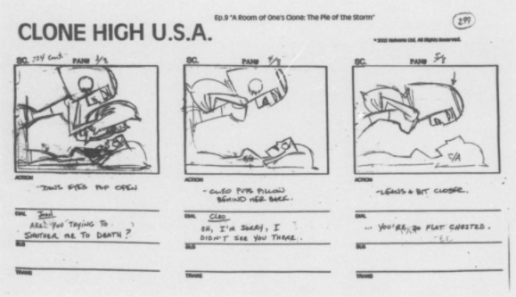 Storyboard panel from "A Room of One's Clone: The Pie of the Storm" featured in a 2002 issue of Details Magazine. 