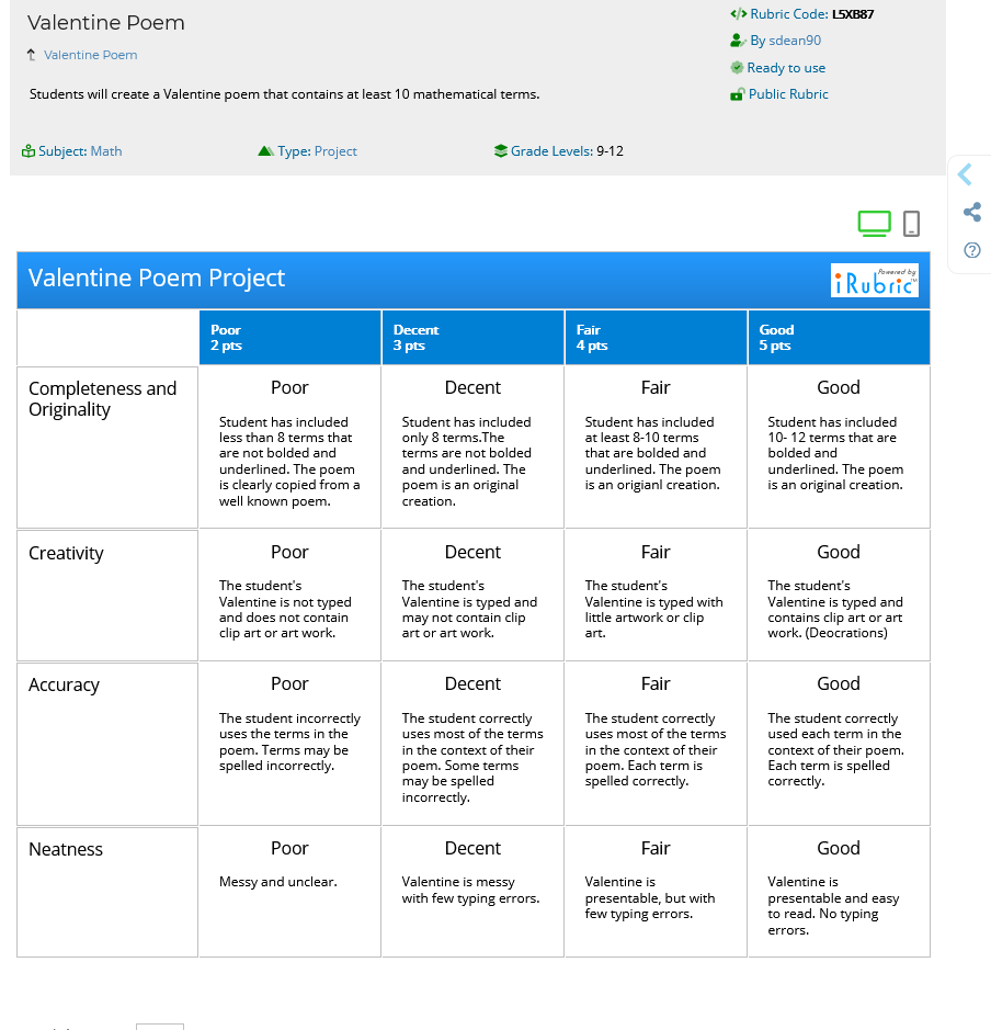 Valentine poem and #maths are the perfect pair! Here is a rubric for a fun Valentine's Day activity. bit.ly/3d62Ssu  #rubric #ValentinesDay #poem #poetry