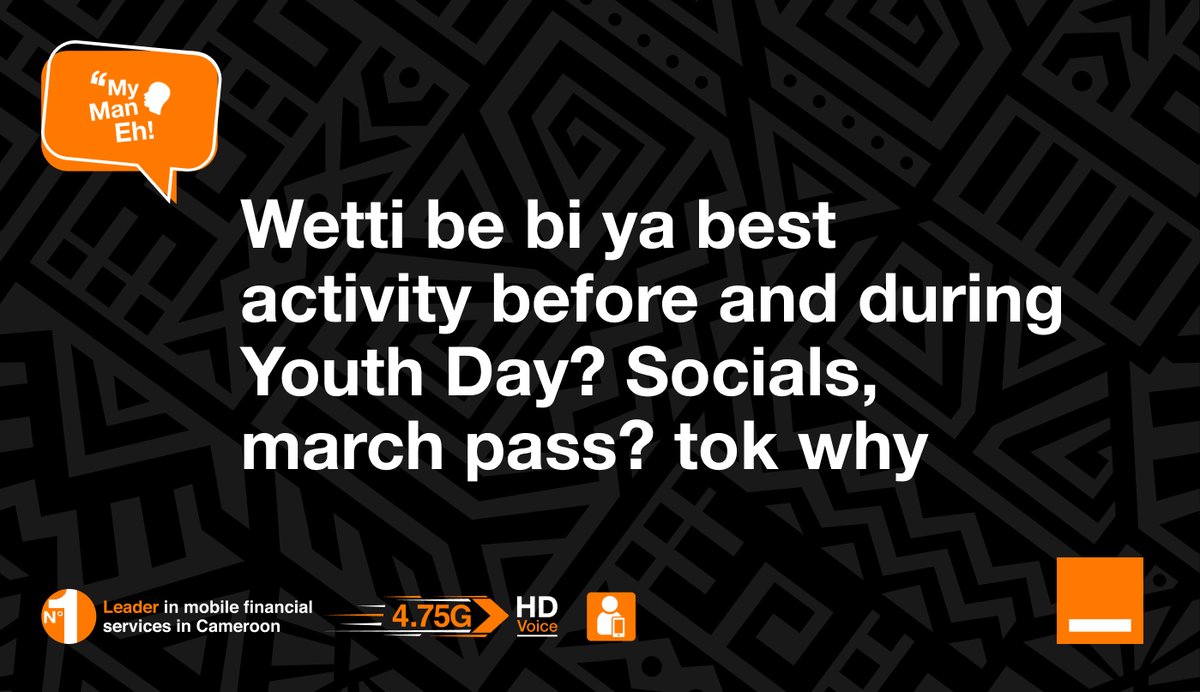 Orange_Cameroun's tweet photo. Happy youth day !

What is the best memories that you kept about youth day celebration ? 🤔

The comment with the most replies and retweet win airtime.😎

#YouthDay https://t.co/YqDiGOmQ33