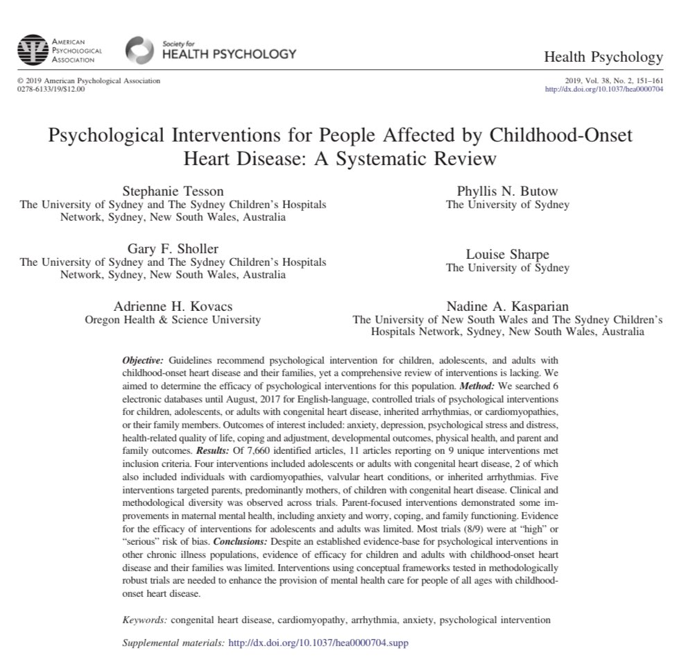 Dr. Nadine Kasparian (@nkasparian) on Twitter photo Kickstarting our spotlight on #mentalhealth in childhood #heartdisease for #heartmonth is a paper by our very own <a href="/STesson_/">Dr Stephanie Tesson</a> reviewing all controlled trials of psychological interventions for people with #CHD, caregivers or siblings. Here’s what we found: psycnet.apa.org/record/2019-02… Kickstarting our spotlight on #mentalhealth in childhood #heartdisease for #heartmonth is a paper by our very own <a href="/STesson_/">Dr Stephanie Tesson</a> reviewing all controlled trials of psychological interventions for people with #CHD, caregivers or siblings. Here’s what we found: psycnet.apa.org/record/2019-02…