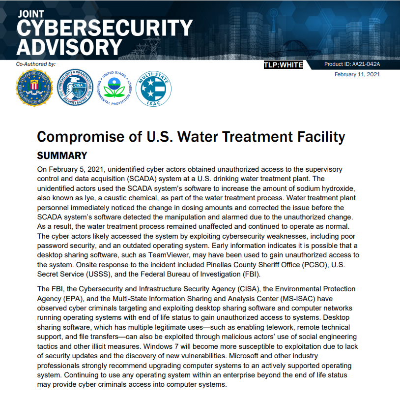 NCSCStreet's tweet image. Joint Cybersecurity Advisory today from @CISAgov,  
@FBI, @EPA, &amp;amp; MS-ISAC on compromise of U.S. water treatment facility. See: us-cert.cisa.gov/sites/default/…