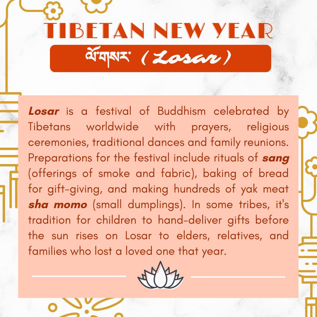 To celebrate Lunar New Year, Tibetans worldwide hold a festival of Buddhism called Losar! In some tribes, it's tradition for children to hand-deliver gifts before the sun rises on Losar to elders, relatives, and families who lost a loved one that year. (5/7) 