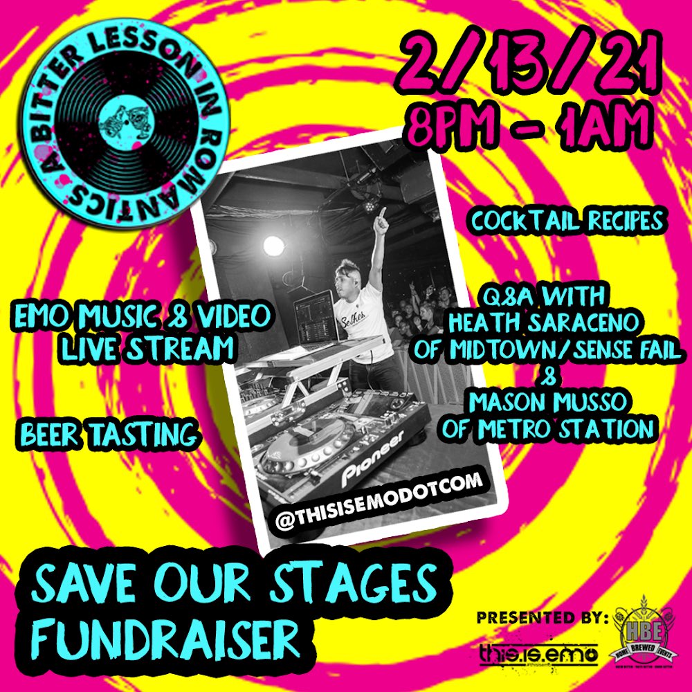 ThisIsEmoDotCom's tweet photo. 2/13/21 8pm est - a bitter lesson in romantics with @themasonmusso (@metrostation ) &amp; @heathsaraceno (@midtown/@sensesfail)

fundraising for #SAVEOURSTAGES @nivassoc 

performances | q&amp;a | themed cocktails | rager

brought to you by: @homebrewedevent @samueladamsbeer https://t.co/Kl7yCV5L35
