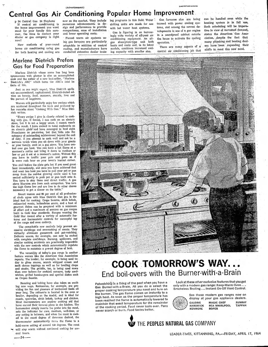 Have you ever heard the phrase “cooking with gas”? It turns out, the industry made the slogan up in the 1930s.By the 1950s, it was targeting housewives with star-studded commercials of matinee idols scheming how to get their husbands to renovate their kitchens.