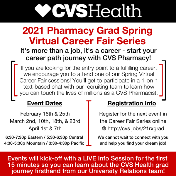 Join us online for a virtual chat and jump start your career as a pharmacist with a leader in the healthcare industry. Register here: cvs.jobs/21rxgrad