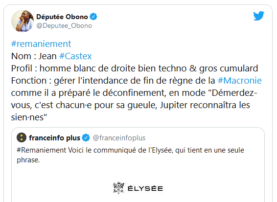 La  @Deputee_Obono, toujours elle, dont on se souvient d'avoir traité  @JeanCASTEX d'homme blanc (c'est pas raciste ça ???) gros cumulard...No comment mémère