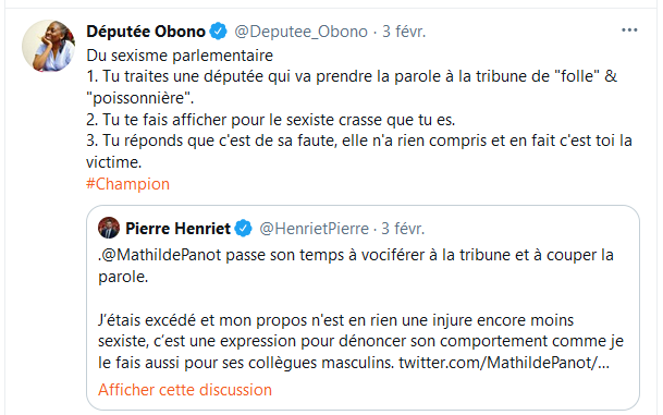 Commençons par la  @Deputee_Obono, "symbole" de la lutte anti-raciste (mais pas antisémite, la lutte), qui demande le respect mais qui elle, en manque tous les jours.Son truc favoris ? Traiter les ministres de "Sinistre"