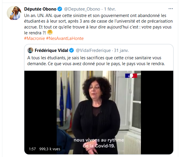 Commençons par la  @Deputee_Obono, "symbole" de la lutte anti-raciste (mais pas antisémite, la lutte), qui demande le respect mais qui elle, en manque tous les jours.Son truc favoris ? Traiter les ministres de "Sinistre"