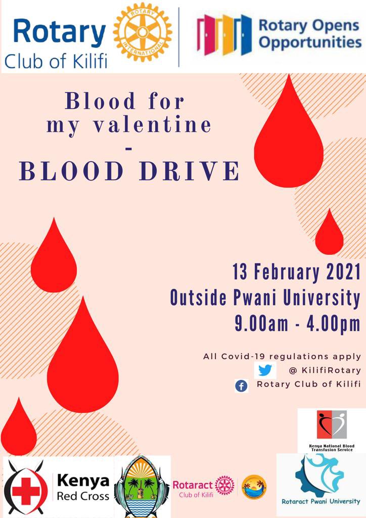 Pwani Tupo! Tupatane Inje ya <a href="/Pwaniuni/">Pwani University</a> on 13th of Feb kwanzia 9.00am - 4.00pm

Come #ShowYourLove by donating blood this valentine’s.

#BloodDonation #IkoDamuKe #JKLive <a href="/PwaniTraffic/">Mpwani traffic</a> <a href="/PwaniLifeKe/">Pwani Life</a> <a href="/PwaniYouth/">Pwani Youth Network</a> <a href="/KilifiEcoLodge/">Distant Relatives Eco-Lodge Kilifi</a> @gps_kilifi @KilifiCountyKE <a href="/KilifiRotary/">Rotary Club of Kilifi</a> <a href="/kilifi_youth/">Kilifi County Youth Advisory Council</a>