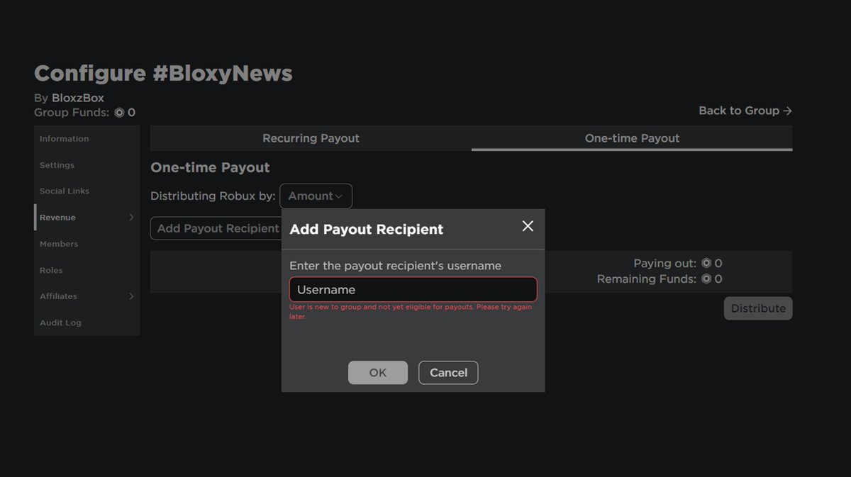 Bloxy News On Twitter An Update Was Just Rolled To The Roblox Group Payouts Feature That Prevents You From Creating A Recurring Or One Time Payout To Users Who Have Recently Joined The - how to add robux to a roblox group