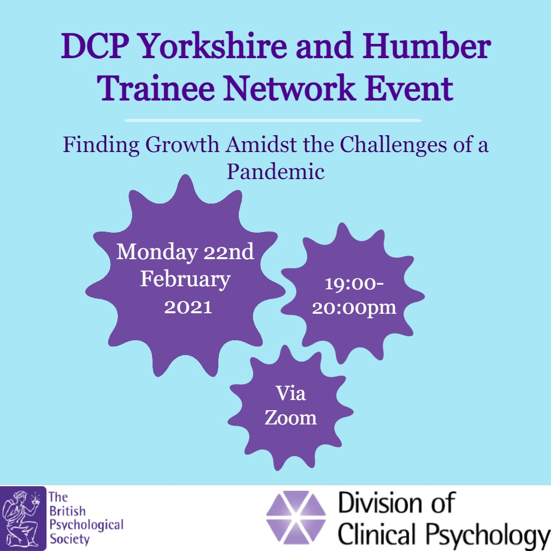 DCP_YHTN's tweet photo. The DCP Yorkshire and Humber Trainee Network are putting on a zoom event for all Hull, Leeds and Sheffield Clinical Psychology trainees to reflect on experiences of growth throughout the pandemic. Further details to follow so watch this space! Please message for more details! https://t.co/fRw2HTQu5M