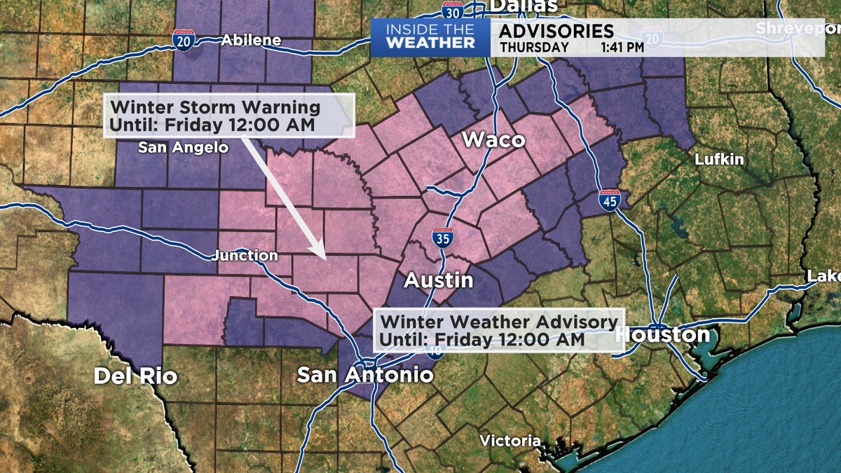 Mary_Wasson's tweet photo. A Winter Storm Warning and a Winter Weather Advisory are in effect for Central and South Central Texas through the evening. Stay off the roads ... they WILL be icy. #txwx #ctx #sctx https://t.co/mc8aKfqmg2
