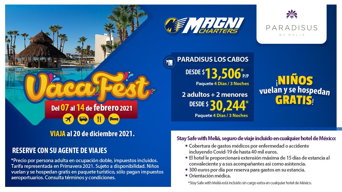 Magnicharters's tweet photo. ¡Viaja a Los Cabos saliendo desde Ciudad de México o Monterrey con estas tarifas especiales de #VacaFest!
Reserva ahora tus vacaciones todo incluido https://t.co/txYsqUdsp7 https://t.co/8vqJMOlu22