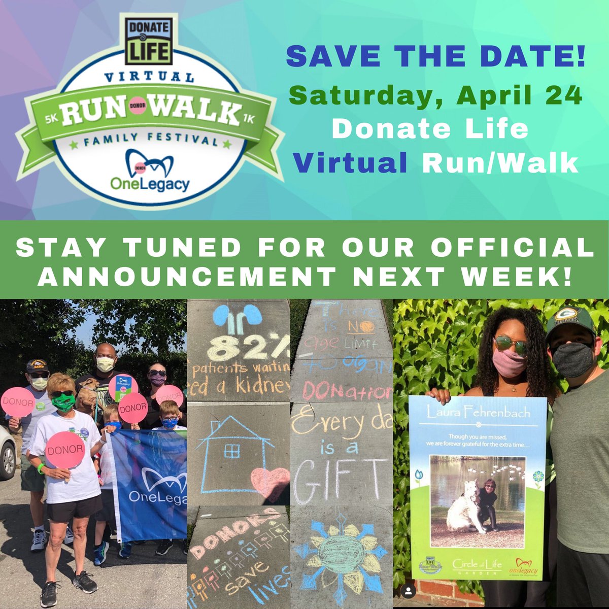 Save the date!  Stay tuned for a special announcement early next week! We look forward to sharing more details, as well as registration links next week, and we hope that you can all join us and participate on our Run/Walk on Saturday, April 24, 2021! #VirtualRunWalk #DLRW2021