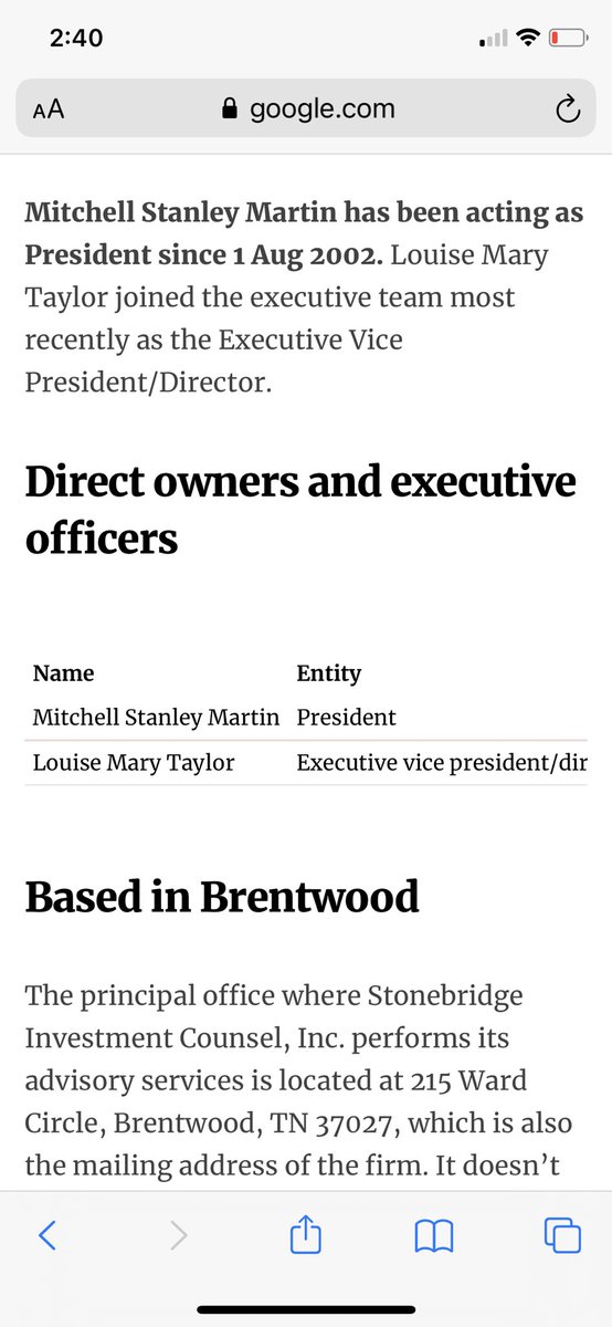 According to the SEC, Lou stopped being an investment advisor in 2013, but this website which takes its info from the SEC still lists Lou as Exec VP, so idk if she is or isn’t. But she was for years. And look how many employees work there... 13/?