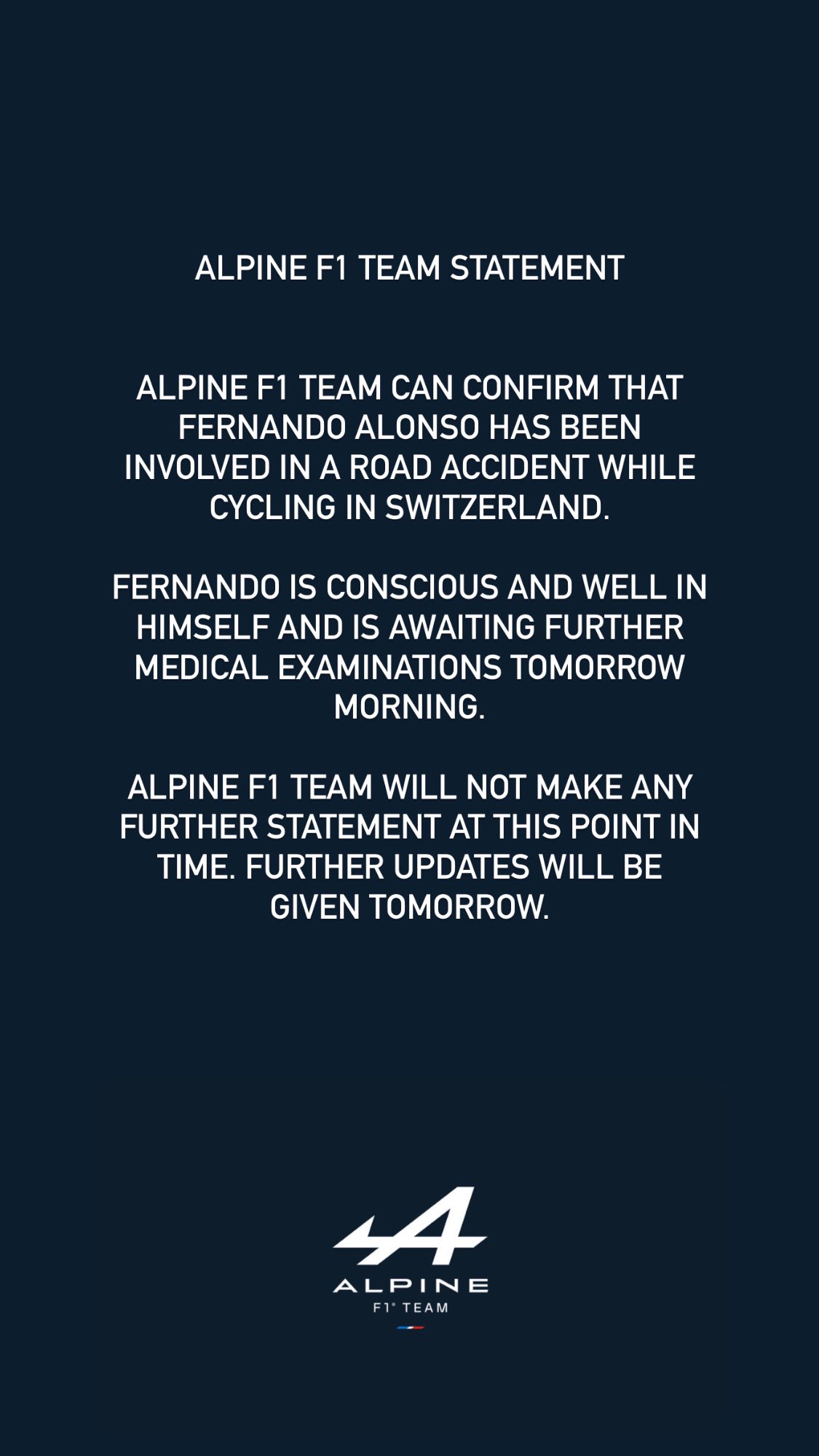 BWT Alpine F1 Team on Twitter "Alpine F1 Team Statement…