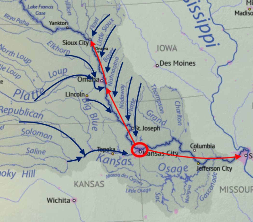 this map shows some minor rivers upstream from Kansas City.  farmers transported livestock and produce by wagon, boat, raft, or barge to the Missouri River. it was purchased by agents on the riverbank and loaded into riverboats bound for for Kansas City.