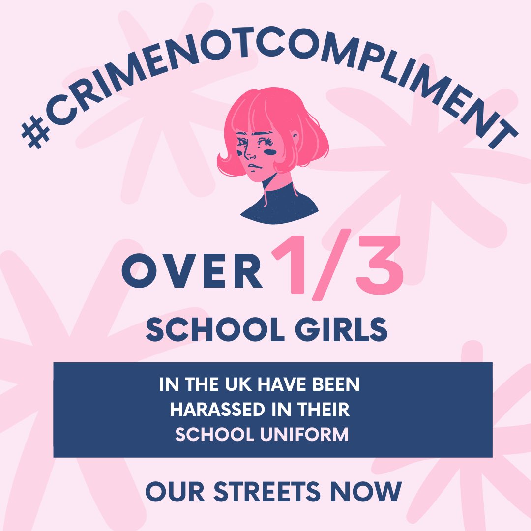 OurStreetsNow's tweet photo. Over 1/3 of school girls have been harassed in their school uniform- use your voice to make a change so children can feel safe.
#CrimeNotCompliment 
Fill out the government’s VAWG survey, give your opinions on PSH, and share it with a friend!  https://t.co/JlSWVfLhz8 https://t.co/qFnMRaupNv