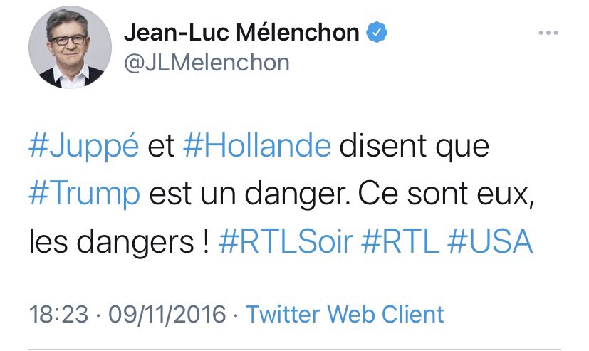  @JLMelenchon qui ne reconnait pas avoir soutenu  #Trump mais  #BernieSanders (un ami des communistes et anti juif, c'est pas mieux), mais qui oublie qu'il aurait bien bossé avec Trump s'il avait été président...