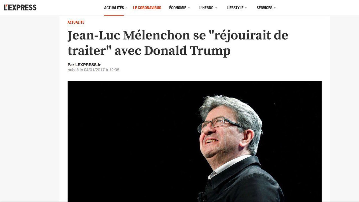  @JLMelenchon qui ne reconnait pas avoir soutenu  #Trump mais  #BernieSanders (un ami des communistes et anti juif, c'est pas mieux), mais qui oublie qu'il aurait bien bossé avec Trump s'il avait été président...