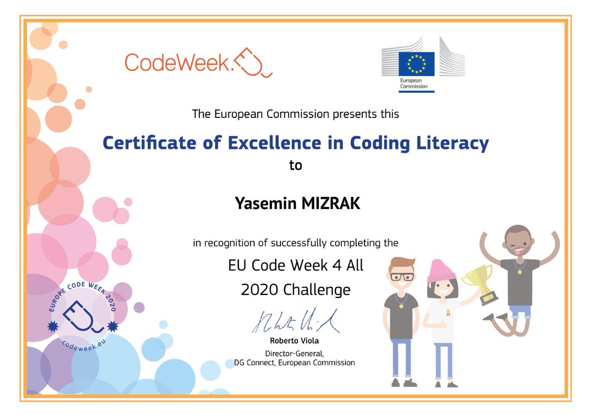 SehitNese's tweet image. Yasemin MIZRAK öğretmenimizi tebrik ediyoruz
#codeWeekEu2020 Avrupa Kod Haftası mükemmellik sertifikası @MzrkYasemin @YamanGulyuz @ebubekir_atilla @ersanulusan