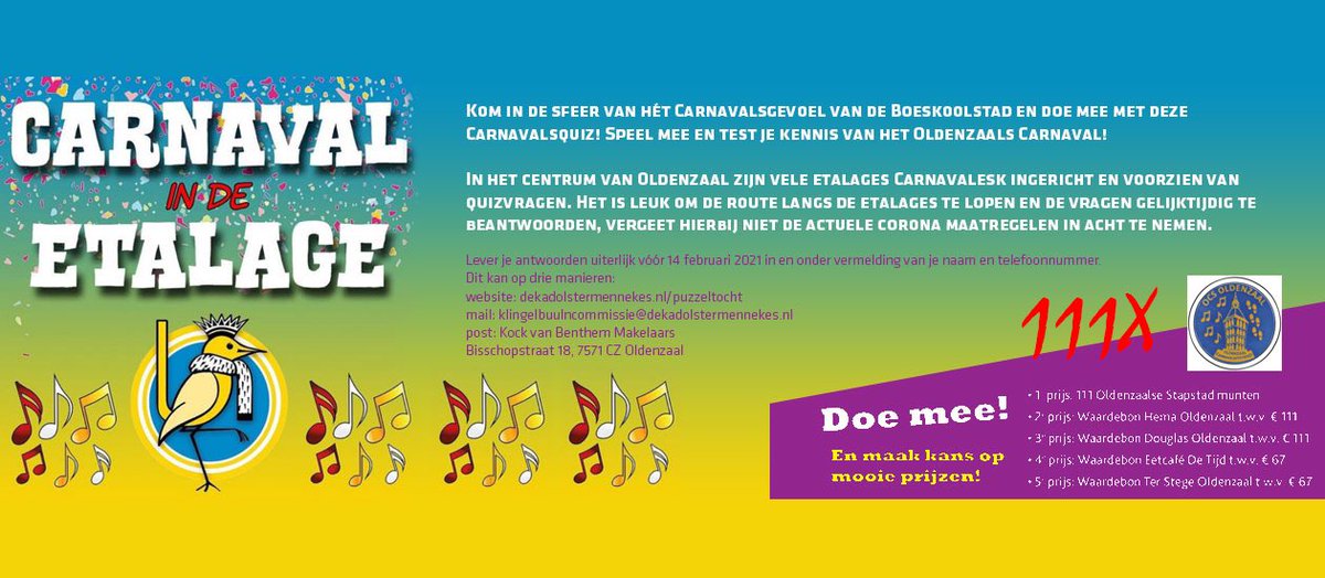 Wil jij ook nog kans maken op 111‼️ stapstadmunten 😱 of één van die andere mooie prijzen? Vul dan uiterlijk a.s. zaterdag de vragenlijst in van Carnaval-in-de-etalage. Dat kan ook gewoon online. Kijk op dekadolstermennekes.nl/carnaval-in-de…