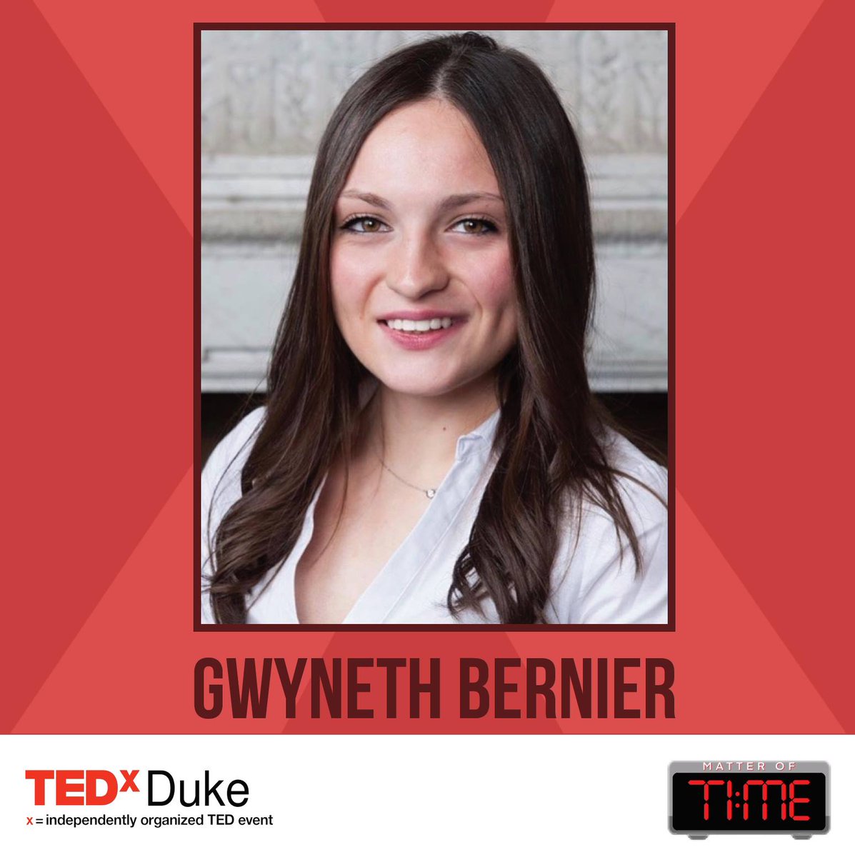 There are only 9 days until TEDxDuke 2021! Sign up here: tinyurl.com/tedxduketickets. The conference link will get sent to your inbox a day before the event.

Our next speaker is Gwyneth Bernier!!

Full Bio: facebook.com/tedxduke