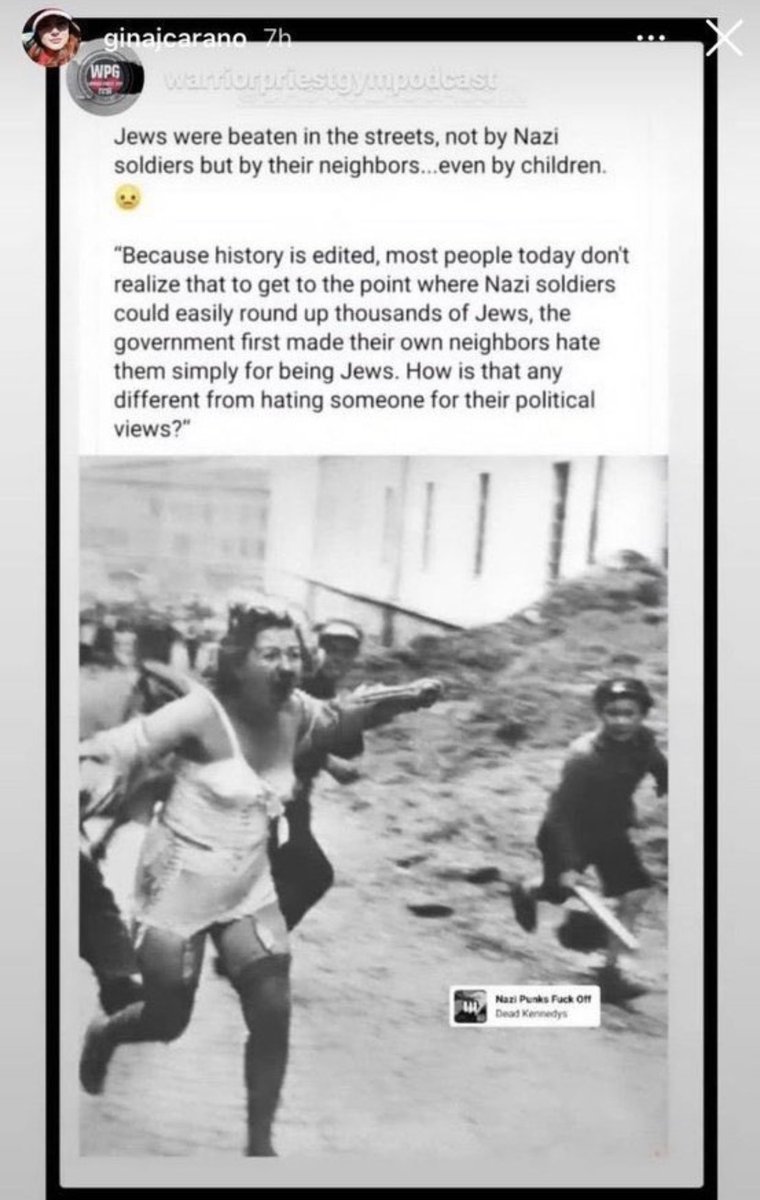cw // anti-semitism she posted this to her instagram story. she compared the violence Jews went through to hating someone for their political views. pretty self explanatory. second screenshot is not mine