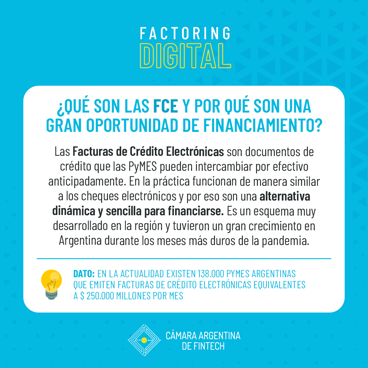 CamaraFintechAr's tweet photo. #FactoringDigital: Conocé las oportunidades de financiamiento para #Pymes que ofrecen las #fintech. ¿Cuál es su rol en la negociación de Facturas de Crédito Electrónicas (#FCE)? https://t.co/Bxd2J1l9HP