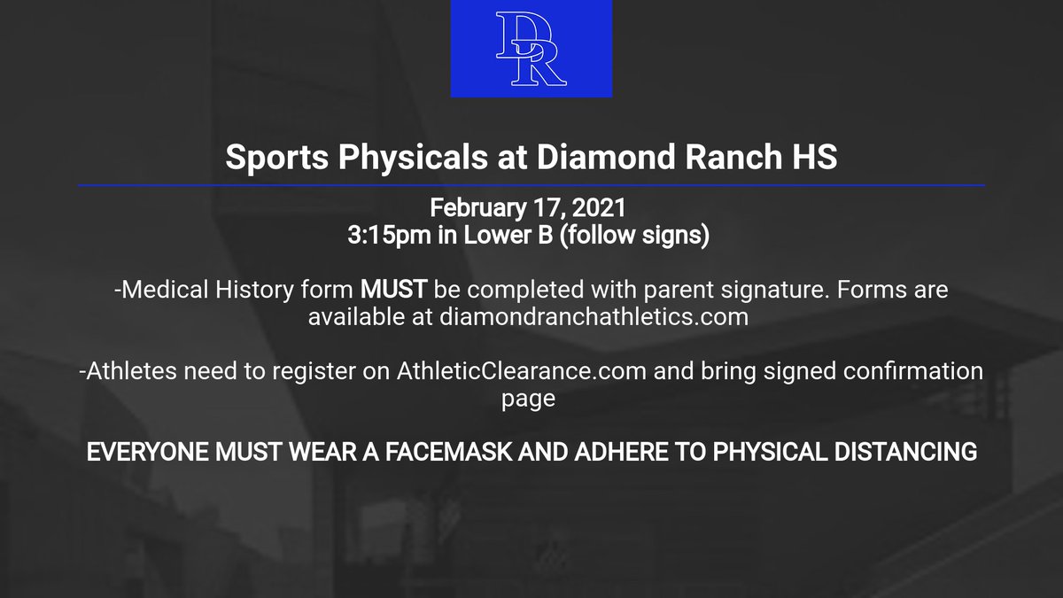 Diamond Ranch baseball, golf, softball, and tennis will begin in a few weeks. Make sure you get a physical and register on athleticclearance.com