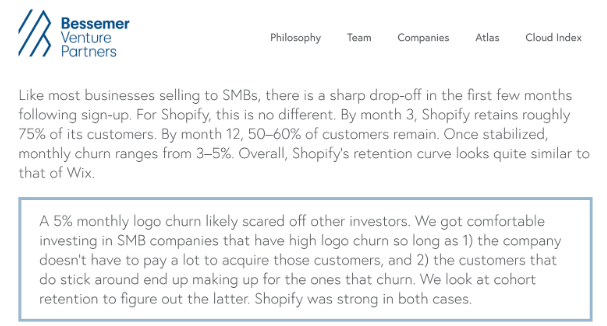 It's good to remember how  @shopify scared off investors with their 5% logo churn, while  @BessemerVP understood that low CAC, asymptotic churn and expansion revenue made it tolerable: