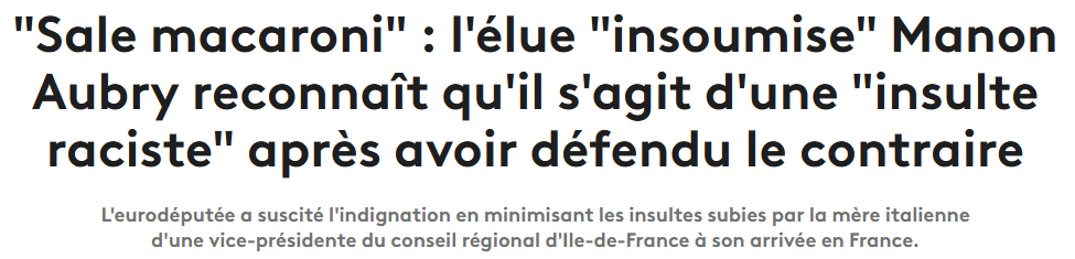 En vrac @ManonAubryFr qui pense que "Sale macaronis" n'est pas une insulte pour les italiens, ou qui considère que 42h par semaine pour 1200€ brut, c'est cher payé pour un stage...