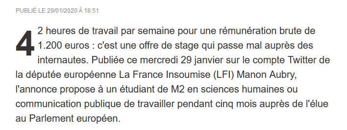 En vrac @ManonAubryFr qui pense que "Sale macaronis" n'est pas une insulte pour les italiens, ou qui considère que 42h par semaine pour 1200€ brut, c'est cher payé pour un stage...