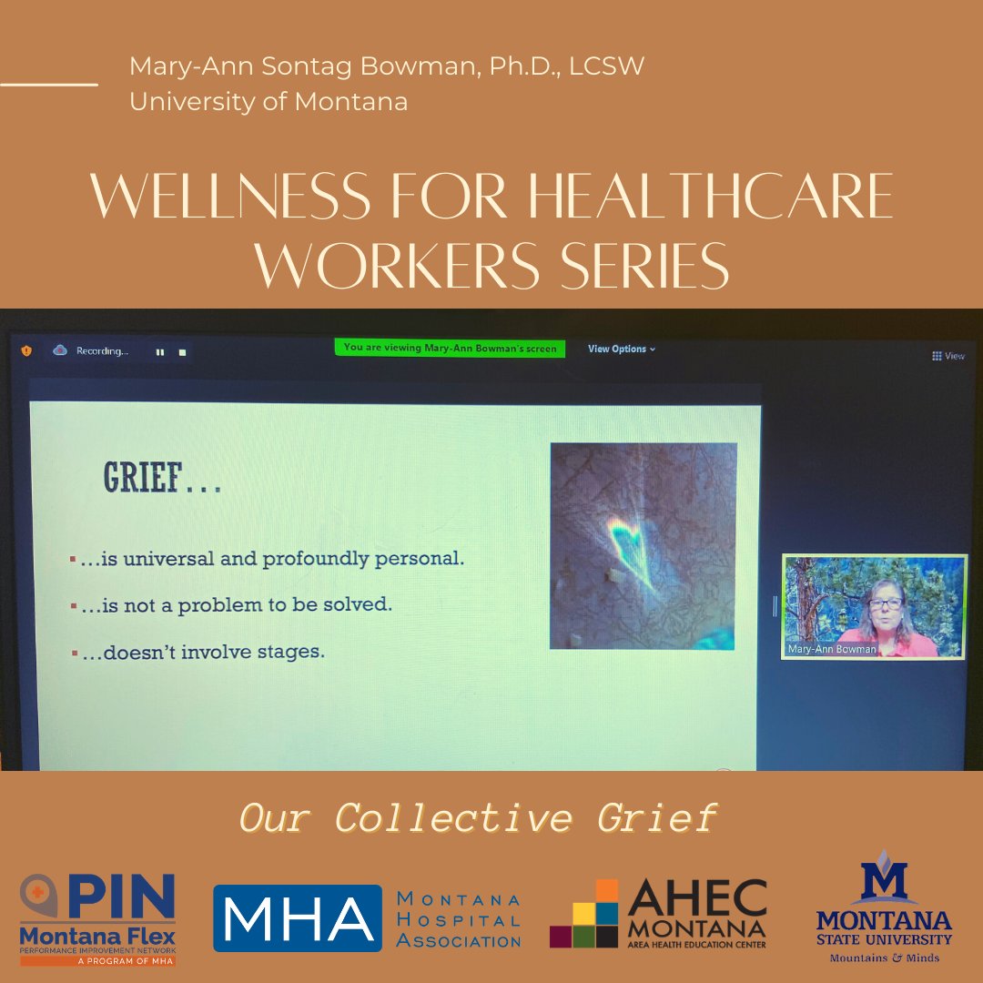 Montana IPE Institute (@mus_ipe) on Twitter photo Wellness for Healthcare Workers is a free series designed to support healthcare providers in their responses to sustained stress during the pandemic.
🎥: Mary-Ann Sontag Bowman, Ph.D., LCSW presenting to 100+ providers on Collective Grief.
For more info email shani@mtha.org Wellness for Healthcare Workers is a free series designed to support healthcare providers in their responses to sustained stress during the pandemic.
🎥: Mary-Ann Sontag Bowman, Ph.D., LCSW presenting to 100+ providers on Collective Grief.
For more info email shani@mtha.org