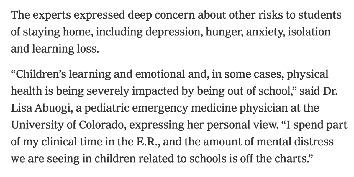 These were experts in pediatric infectious diseases--so people whose job is caring for kids who get sick from illnesses like Covid. Yet many of them said they were much more worried about other aspects of children's wellbeing.  https://www.nytimes.com/2021/02/11/upshot/schools-reopening-coronavirus-experts.html