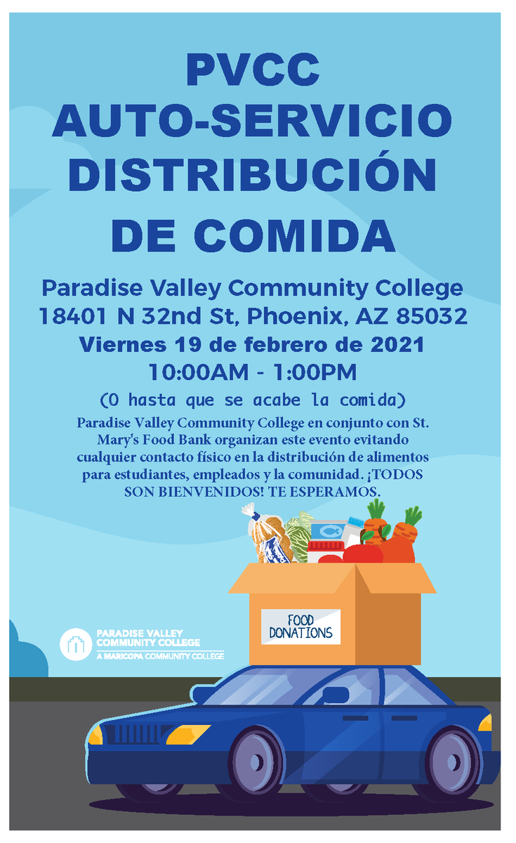 pvschools's tweet photo. Paradise Valley Community College (@PVCC_Official) is partnering with @StMarysFoodBank for another food drive event next Friday, February 19. See flyer for details. #PVSchoolsTogether https://t.co/EhWxiZopYt
