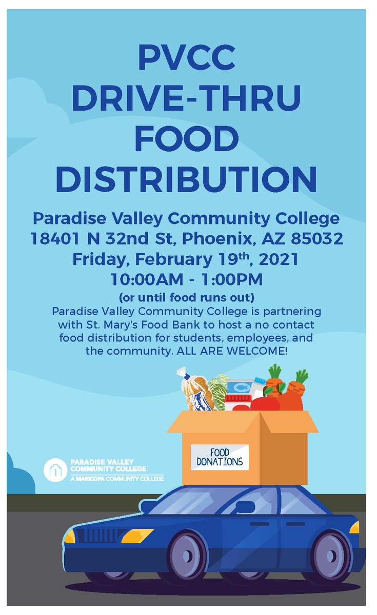pvschools's tweet photo. Paradise Valley Community College (@PVCC_Official) is partnering with @StMarysFoodBank for another food drive event next Friday, February 19. See flyer for details. #PVSchoolsTogether https://t.co/EhWxiZopYt