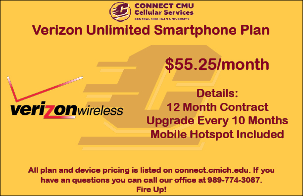 ConnectCMU's tweet photo. One of our more popular plans through Verizon is the Unlimted Smartphone Plan. The details for the plan are listed below... https://t.co/gcadcyMCNI