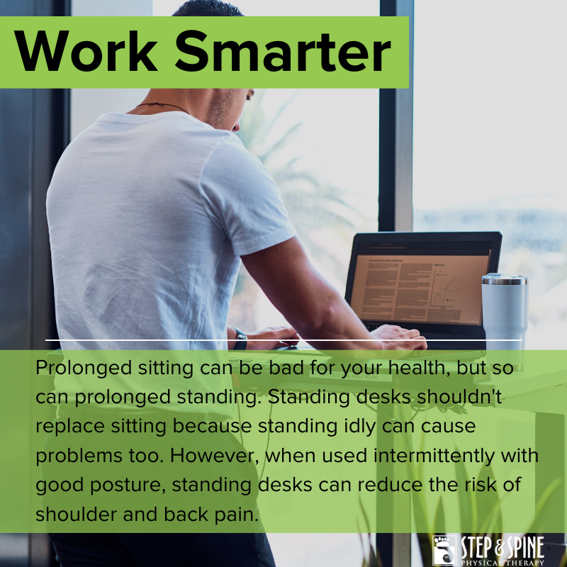 StepAndSpine's tweet photo. A lot of people are making the switch to standing desks, which is great, but standing for too long can also be harmful. Ideally, choose a desk that you can easily raise and lower to give your legs a break. Another consideration is using a stool at your standing desk. https://t.co/trJR6U0TLK